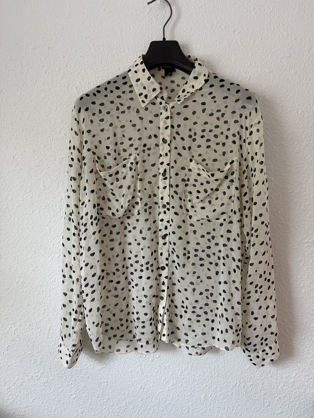 Club Monaco Large Ivory and Black Silk Dalmatian Spots Print Classic Blouse
